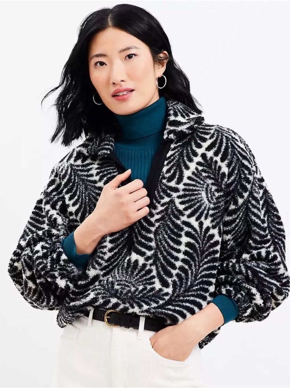 LOFT Black & White Patterned Plush Pullover with Relaxed Collar